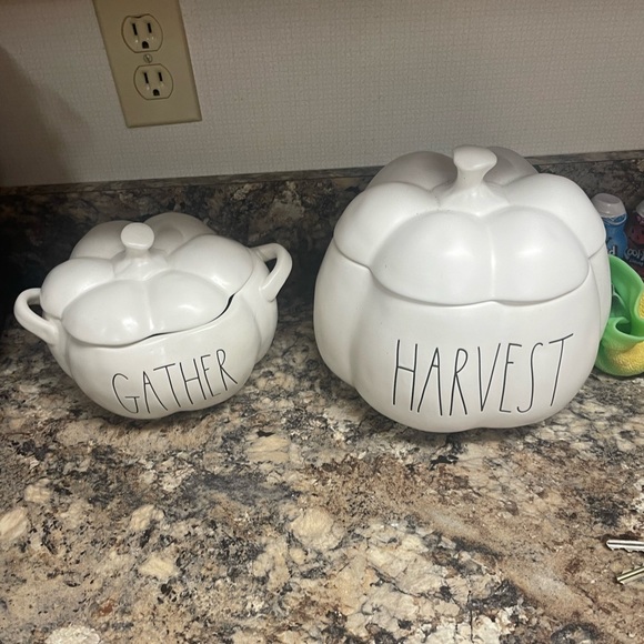 two white rae dunn pumpkins